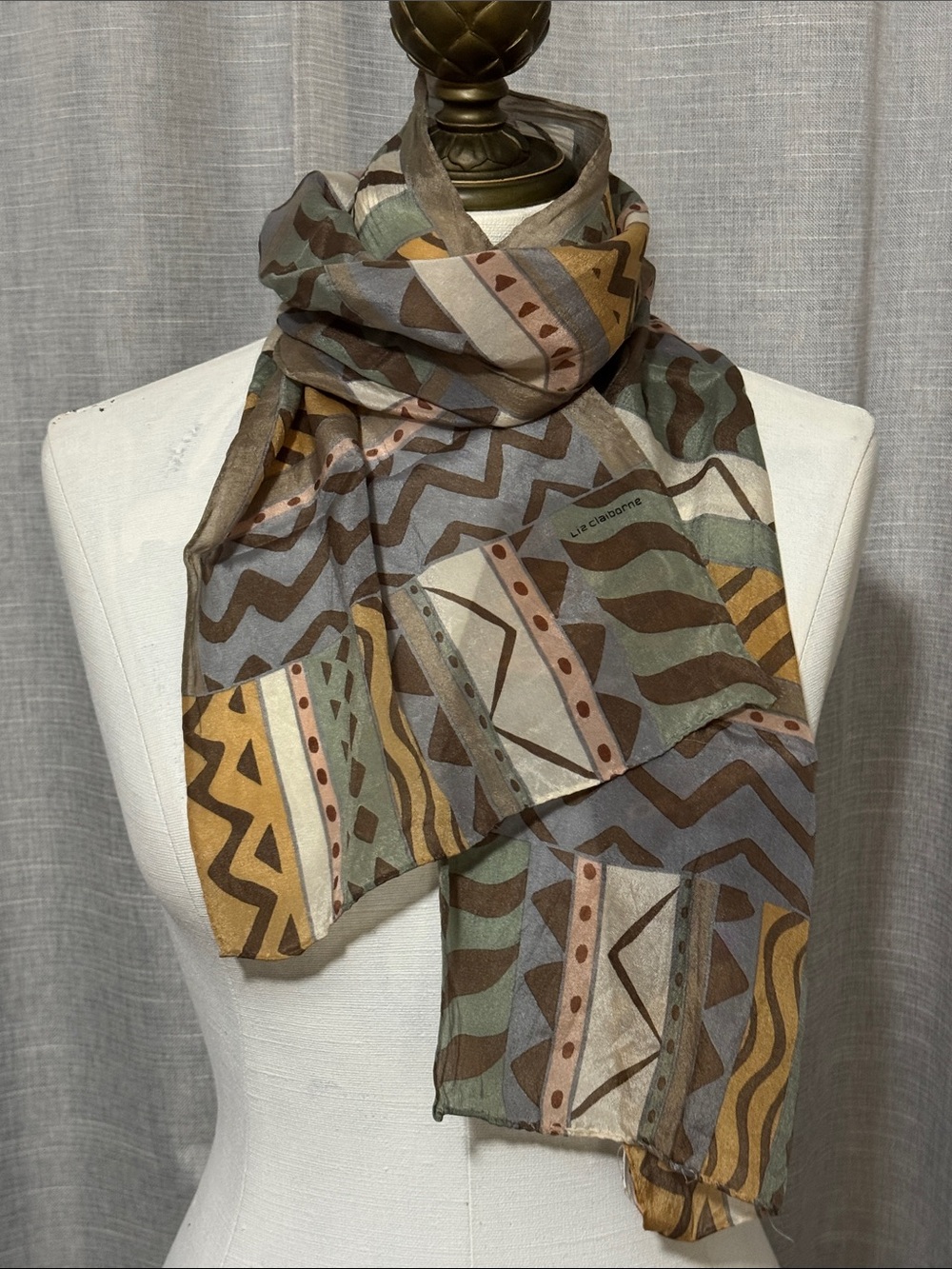Vintage Liz Claiborne Silk Scarf-Taupe/Tan/Green-GUC